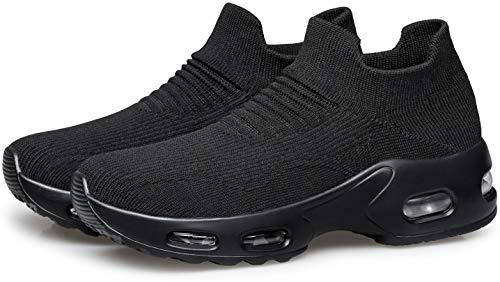 DOUSSPRT Womens Walking Sneakers Slip on Sock Shoes Mesh Air Cushion Platform Workout Tennis Loafers Fashion Casual 002 allblack US Size 8