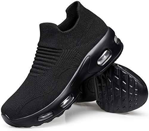 DOUSSPRT Womens Walking Sneakers Slip on Sock Shoes Mesh Air Cushion Platform Workout Tennis Loafers Fashion Casual 002 allblack US Size 8