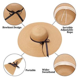 Womens Straw Hat Wide Brim Floppy Beach Sun Hat for Women UPF 50+ Adjustable Strap Vacation