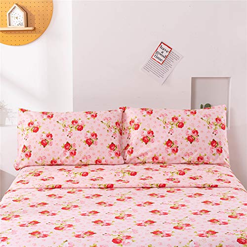 MEISHANG Sheet Set King Pink Floral Printed Sheets Ultra Soft 100% Microfiber- 16 Inch Deep Pocket Comfortable Rose Pattern Printed Sheet Set - 4 Pieces Rose Flower King