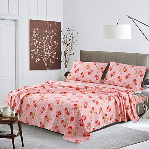 MEISHANG Sheet Set King Pink Floral Printed Sheets Ultra Soft 100% Microfiber- 16 Inch Deep Pocket Comfortable Rose Pattern Printed Sheet Set - 4 Pieces Rose Flower King