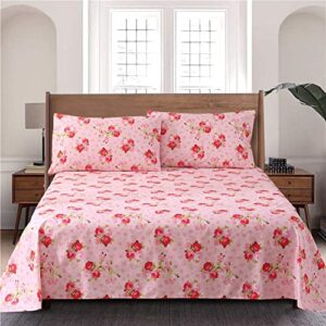 MEISHANG Sheet Set King Pink Floral Printed Sheets Ultra Soft 100% Microfiber- 16 Inch Deep Pocket Comfortable Rose Pattern Printed Sheet Set - 4 Pieces Rose Flower King