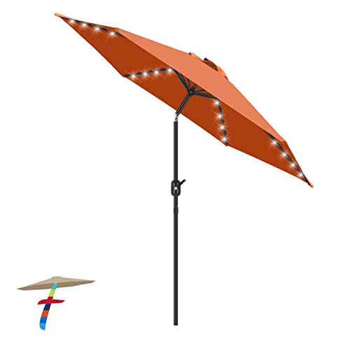 FRUITEAM 7.5' Solar 24 LED Lighted Umbrella-Solar Umbrella Lawn and Garden w/Easy Tilt Adjustment, Market Umbrella Adjustment and Crank Lift System for Patio