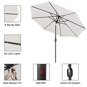 Patio Watcher 9 Feet Solar Umbrella 40 LED Lighted Patio Umbrella Outdoor Umbrella with Push Button Tilt and Crank, 8 Steel Ribs, Light Beige