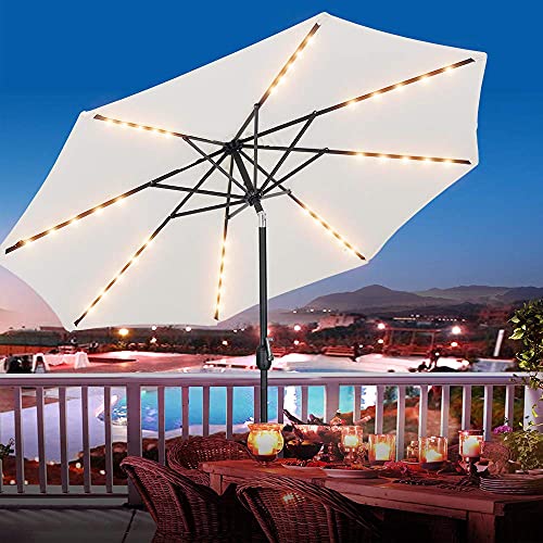 Patio Watcher 9 Feet Solar Umbrella 40 LED Lighted Patio Umbrella Outdoor Umbrella with Push Button Tilt and Crank, 8 Steel Ribs, Light Beige