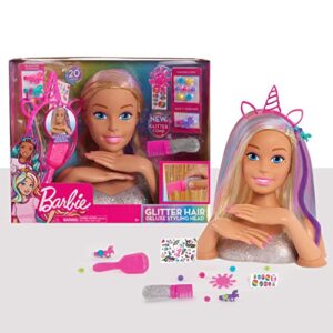 barbie deluxe 20-piece glitter and go styling head, blonde hair and unicorn headband, kids toys for ages 5 up by just play