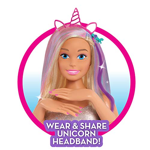 Barbie Deluxe 20-Piece Glitter and Go Styling Head, Blonde Hair and Unicorn Headband, Kids Toys for Ages 5 Up by Just Play