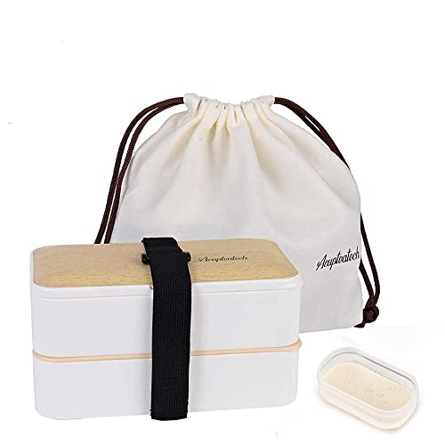 Bento Box Lunch Box with Upgraded Adjustable Strap, 2-Tier Japanese Bento Box Adult Stackable Leakproof BPA-Free 1200ml Lunch Containers with Cutlery Lunch Bag-White