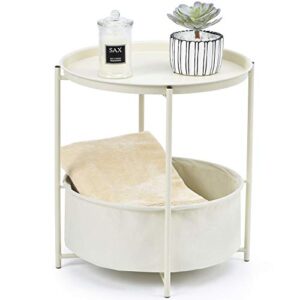 toolf end table, metal nightstand, sofa side snack table, coffee round table with detachable tray top and fabric storage basket, scandi style table for living room bedroom (cream)