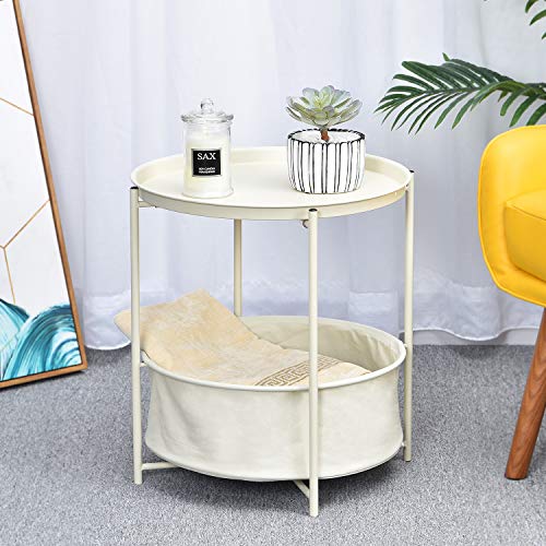 TOOLF End Table, Metal Nightstand, Sofa Side Snack Table, Coffee Round Table with Detachable Tray Top and Fabric Storage Basket, Scandi Style Table for Living Room Bedroom (Cream)
