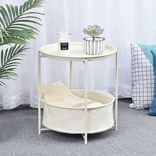 TOOLF End Table, Metal Nightstand, Sofa Side Snack Table, Coffee Round Table with Detachable Tray Top and Fabric Storage Basket, Scandi Style Table for Living Room Bedroom (Cream)