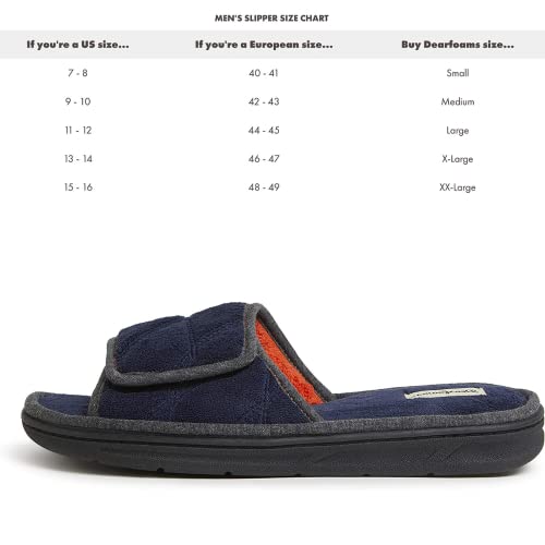 Dearfoams Men's Indoor/Outdoor Adjustable Machine Washable Memory Foam Terry Slide Slipper, Navy Blazer (Quilted), 11-12