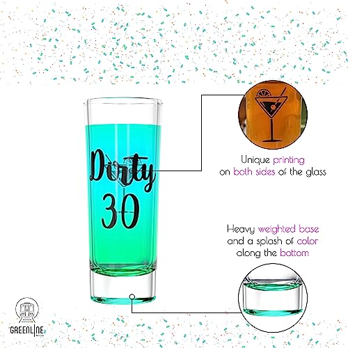 Greenline Goods Shot Glass – 30th Birthday - Dirty 30 Toasting Glass Funny Present to Celebrate Thirty (1 Glass) – Funny Colored Shot Glass For Men and Women