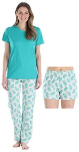 frankie & johnny women's 3 piece knit pajama set - top, pant and short, short & pant set - palm tree, medium