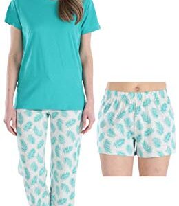 Frankie & Johnny Women's 3 Piece Knit Pajama Set - Top, Pant and Short, Short & Pant Set - Palm Tree, Medium