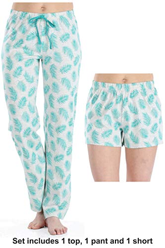 Frankie & Johnny Women's 3 Piece Knit Pajama Set - Top, Pant and Short, Short & Pant Set - Palm Tree, Medium