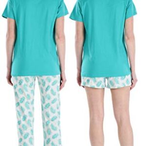 Frankie & Johnny Women's 3 Piece Knit Pajama Set - Top, Pant and Short, Short & Pant Set - Palm Tree, Medium