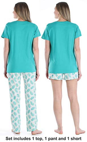 Frankie & Johnny Women's 3 Piece Knit Pajama Set - Top, Pant and Short, Short & Pant Set - Palm Tree, Medium