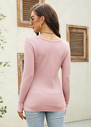 Women's V Neck Waffle Knit Henley Tops Casual Long Sleeve Pullover Sweater Blouses (Light Pink-2, Large)