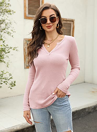 Women's V Neck Waffle Knit Henley Tops Casual Long Sleeve Pullover Sweater Blouses (Light Pink-2, Large)