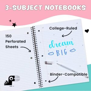 Yoobi College Ruled Spiral Notebook Set — Bulk 3-Pack of 3 Subject Notebooks, Blue, Mint Green & Blush Pink Colors — 150 Perforated, 3-Hole Punched Sheets, For School, Office & Home — 10.5” x 8”