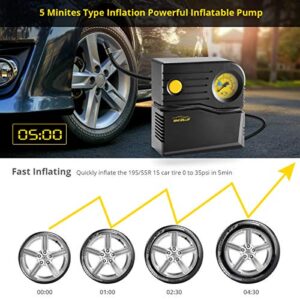 Car Tire Inflator Portable Air Compressor for Car Tires Windgallop 12v Analog Tire Pump Car Air Pump with Pressure Gauge Valve Adaptors for Bike Automobiles Basketball Pool Toys Balloon (Yellow)