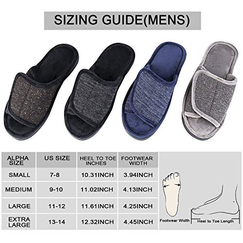 DL Adjustable Mens Slippers Memory Foam, Open Toe House Slippers For Men Comfy Indoor Outdoor, Cozy Breathable Slide Bedroom Velcor Slippers Size 11-12 Black