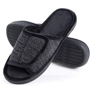 dl adjustable mens slippers memory foam, open toe house slippers for men comfy indoor outdoor, cozy breathable slide bedroom velcor slippers size 11-12 black