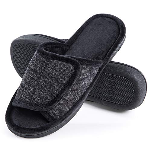 DL Adjustable Mens Slippers Memory Foam, Open Toe House Slippers For Men Comfy Indoor Outdoor, Cozy Breathable Slide Bedroom Velcor Slippers Size 11-12 Black