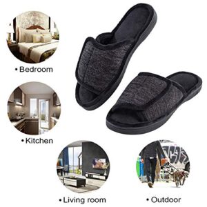 DL Adjustable Mens Slippers Memory Foam, Open Toe House Slippers For Men Comfy Indoor Outdoor, Cozy Breathable Slide Bedroom Velcor Slippers Size 11-12 Black