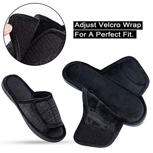 DL Adjustable Mens Slippers Memory Foam, Open Toe House Slippers For Men Comfy Indoor Outdoor, Cozy Breathable Slide Bedroom Velcor Slippers Size 11-12 Black