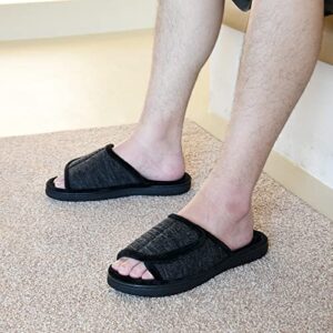 DL Adjustable Mens Slippers Memory Foam, Open Toe House Slippers For Men Comfy Indoor Outdoor, Cozy Breathable Slide Bedroom Velcor Slippers Size 11-12 Black