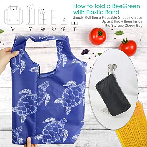 BeeGreen Fun Animal Reusable Shopping Bags Foldable Grocery Totes 10 Pack with Zipper Carry Pouch Cute Shopper Bags XLarge Machine Washable Durable Compact Bags for Groceries