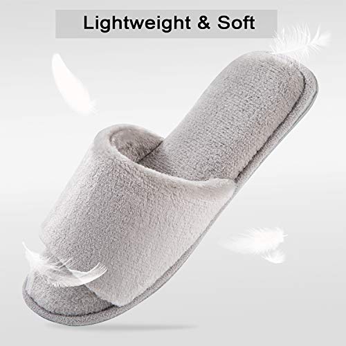 DL Open-Toe-Womens-Slippers-Indoor, Memory Foam House Slippers for Women Slip On, Comfy Flannel Womens Bedroom Slippers Slide Non-Slip Gray, US 9-10/UK 7-8/ EU 40-41