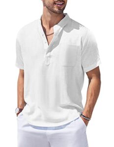 coofandy mens cotton linen henley hippie casual beach t shirt with pocket, 01-white, x-large, short sleeve