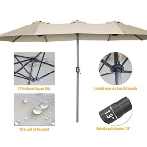 AECOJOY 15x9ft Double-Sided Patio Umbrella Outdoor Market Umbrella Large Sunbrella Table Umbrellas with Crank Air Vents for Deck Pool Patio (1.9" Pole,Beige)