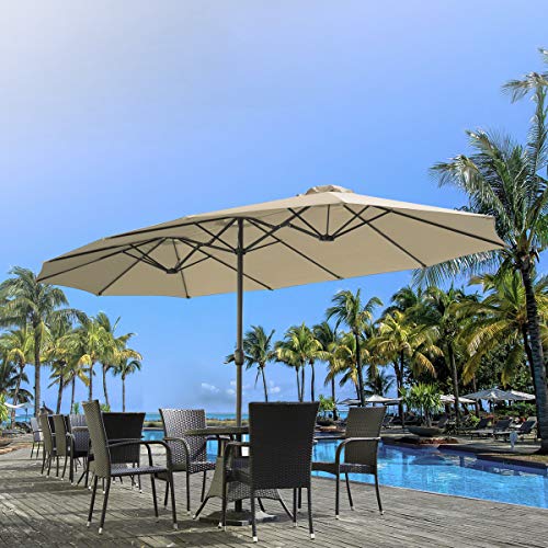 AECOJOY 15x9ft Double-Sided Patio Umbrella Outdoor Market Umbrella Large Sunbrella Table Umbrellas with Crank Air Vents for Deck Pool Patio (1.9" Pole,Beige)