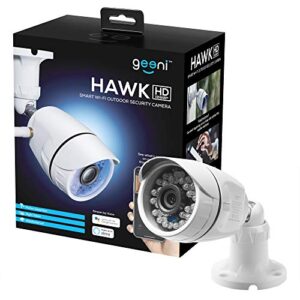 geeni hawk 1080p hd outdoor smart wifi security camera with night vision, motion alerts and ip66 weatherproof, compatible with alexa, google assistant, white