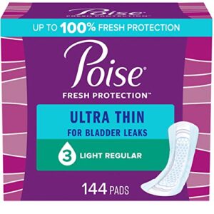 poise ultra thin incontinence pads & postpartum incontinence pads, 3 drop light absorbency, regular length, 144 count, packaging may vary
