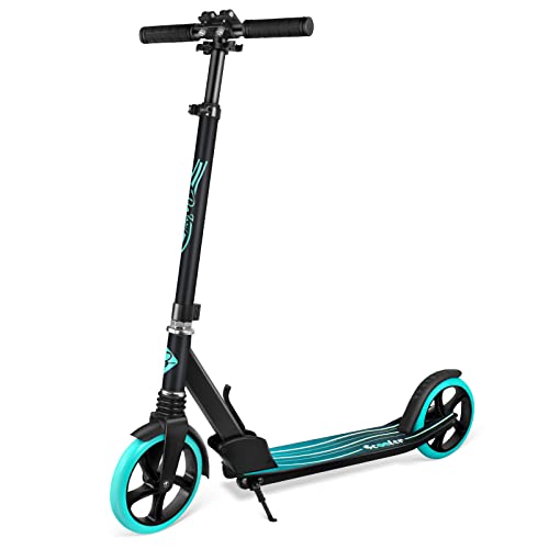 BELEEV V5 Scooters for Kids 6 Years and up, Folding Kick Scooter 2 Wheel for Adults Teens, 4 Adjustable Handlebar, 200mm Big Wheels, Lightweight Sports Commuter Scooter, up to 220lbs(Auqa)