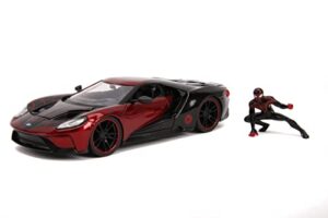 jada toys marvel 1:24 2017 ford gt die-cast car with 2.75" miles morales spider-man figure, toys for kids and adults black and red