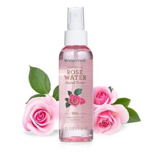 NATUREWELL Rose Water Hydrating Facial Toner Mist for Dewy & Radiant Skin, 100% Vegan, Refreshing, Conditioning, Soothing, Redness Reducing, Perfect for Travel, 4 Fl Oz