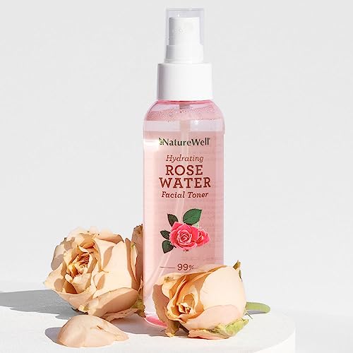 NATUREWELL Rose Water Hydrating Facial Toner Mist for Dewy & Radiant Skin, 100% Vegan, Refreshing, Conditioning, Soothing, Redness Reducing, Perfect for Travel, 4 Fl Oz