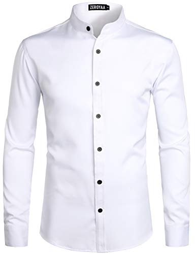 ZEROYAA Mens Hipster Solid Slim Fit Long Sleeve Mandarin Collar Dress Shirts ZLCL08 White Black Medium