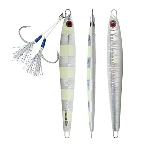 OCEAN CAT 1 PC Lead Metal Flat Slow Fall Pitch Fishing Jigs Lures Sinking Vertical Jigging Bait with Butterfly Hook for Saltwater Fishing Size 40g 80g 120g 160g 200g (Silver, 120g)