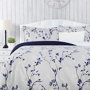 chanasya floral duvet cover set - duvet cover (104” x 90”) & 2 pillow shams (20” x 36”) - 3-piece set, king size, purple navy