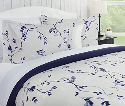 Chanasya Floral Duvet Cover Set - Duvet Cover (104” x 90”) & 2 Pillow Shams (20” x 36”) - 3-Piece Set, King Size, Purple Navy