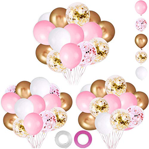 OuMuaMua 62Pcs Pink Gold Confetti Latex Balloons Kit, 12 Inch Pink White Gold Helium Balloons Party Supplies for Confession Proposal Wedding Girl Birthday Baby Shower Party Decoration