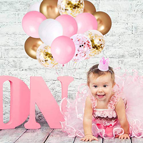 OuMuaMua 62Pcs Pink Gold Confetti Latex Balloons Kit, 12 Inch Pink White Gold Helium Balloons Party Supplies for Confession Proposal Wedding Girl Birthday Baby Shower Party Decoration