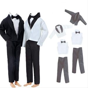bjdbus 2 sets formal office suits including black coat , white coat , white shirt with bow-knot , black trousers groom wedding tuxedo for 11.5 inch boy doll clothes